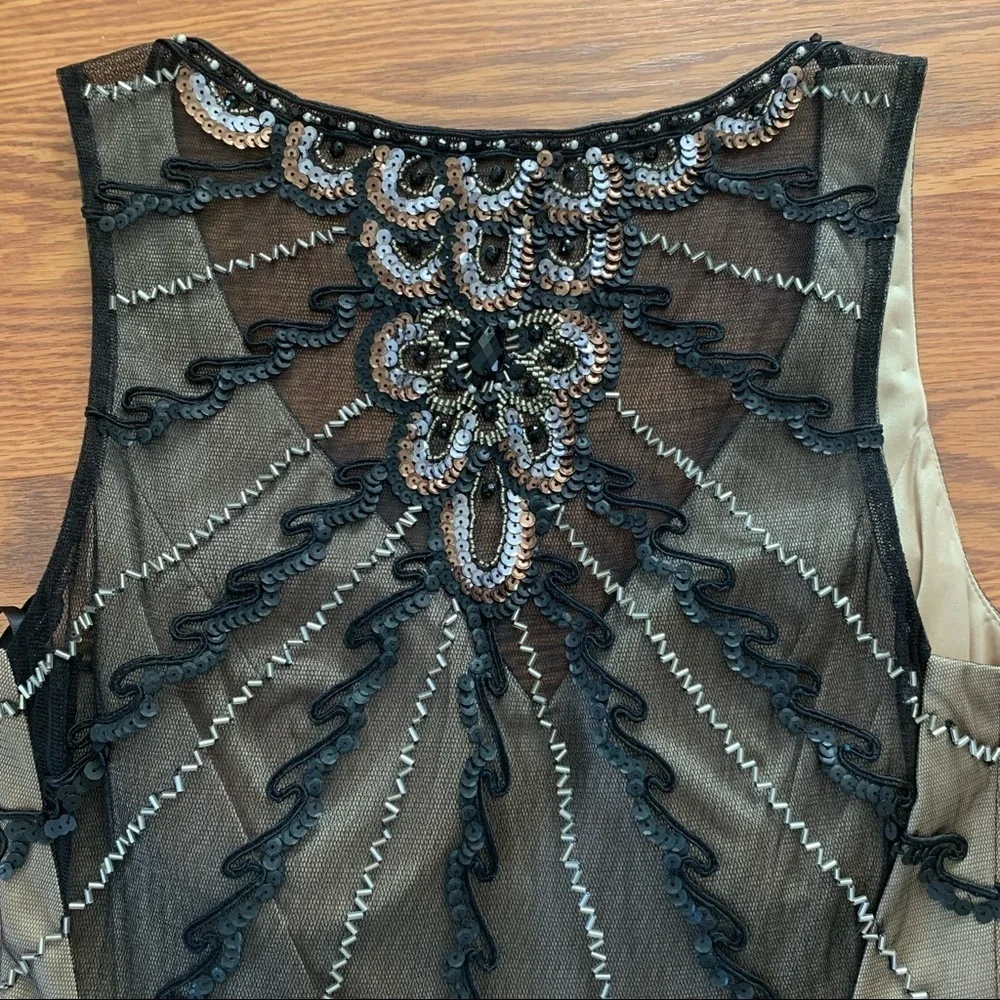 SUE WONG 4 Black Nude Beaded Sequin embellished Formal Cocktail dress